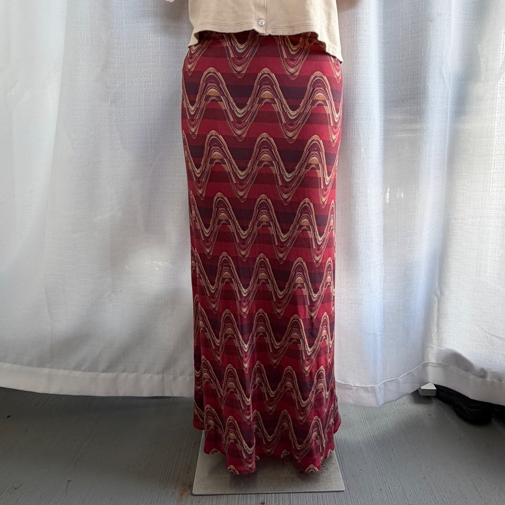 Faithfull theโ Brand Burgundy Wavy Maxi Skirt Size 10 Psychedelic Hippie Boho